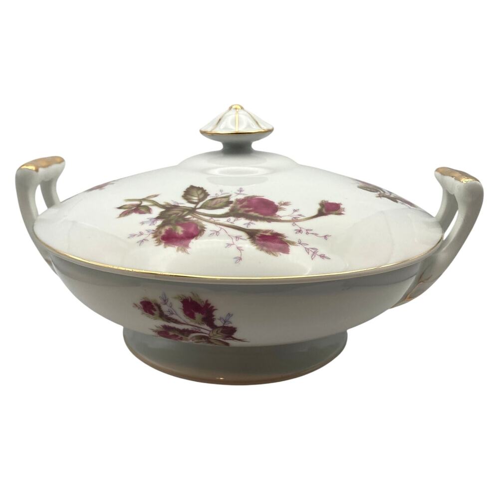 VTG Lidded Serving Bowl Thames Pink Rose Decorated China Handles 9" x 3"  Japan